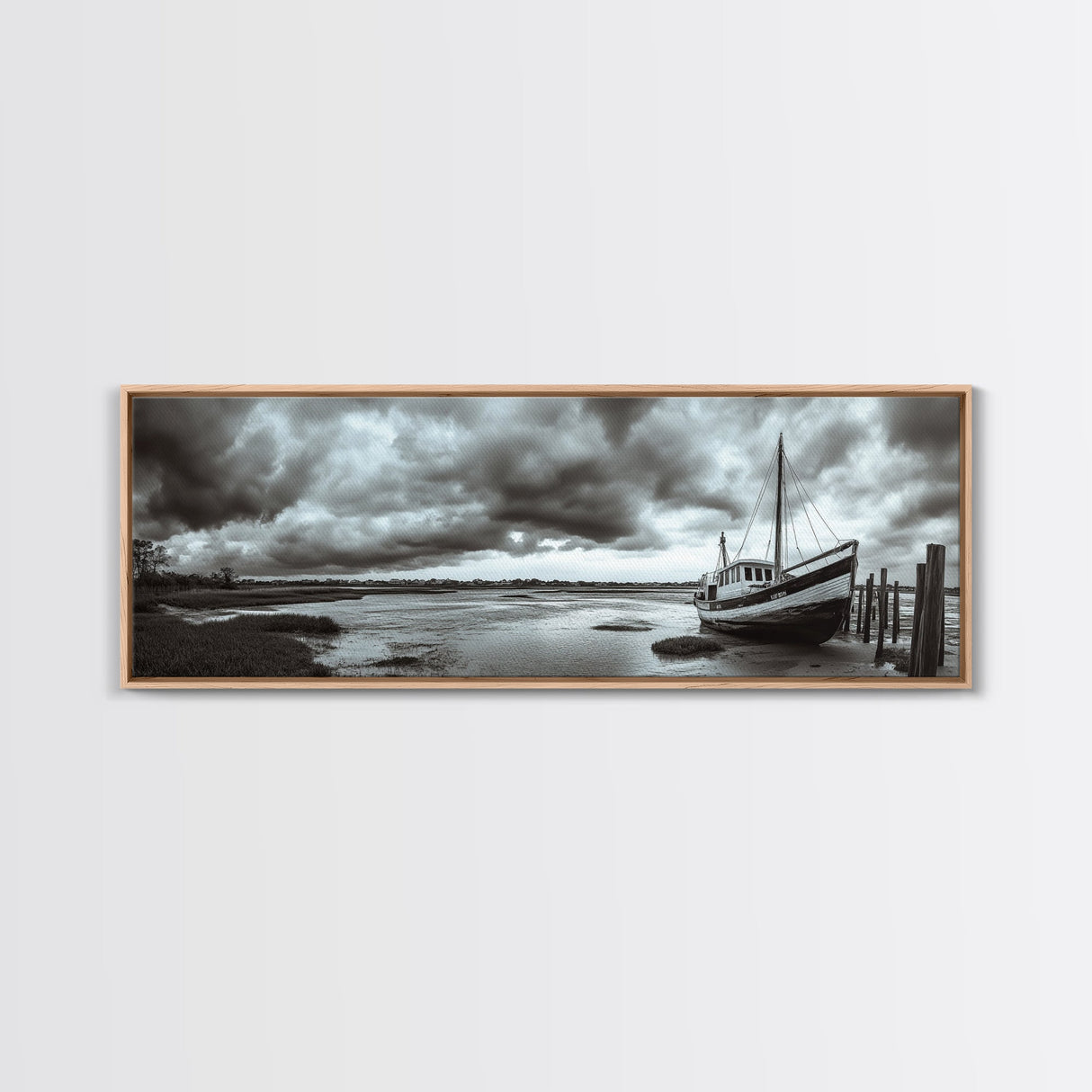 Abandoned Fishing Boat, Coastal Storm Scene, Rustic Nautical Decor, Framed Canvas Print, Beach House Art, Autumn Decor, Moody Wall Print