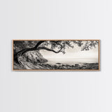 Tree By The Sea, Ocean Cliff, Black And White Nature, Framed Canvas Print, Coastal Wall Decor, Minimalist Art, Tranquil Bedroom Print