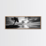 Solitary Palm Tree, Ocean Storm, Moody Landscape, Beach Wall Decor, Framed Canvas Print, Coastal Living Room Art, Monochrome Photography