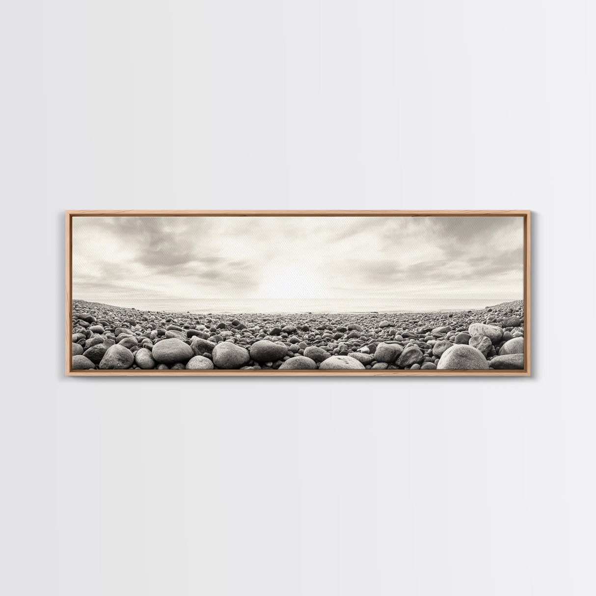 Pebble Shoreline, Soft Horizon, Beach Sunrise, Calm Coastal Decor, Framed Canvas Print, Neutral Tones, Bedroom Wall Art, Nature Minimalism