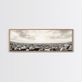 Pebble Shoreline, Soft Horizon, Beach Sunrise, Calm Coastal Decor, Framed Canvas Print, Neutral Tones, Bedroom Wall Art, Nature Minimalism