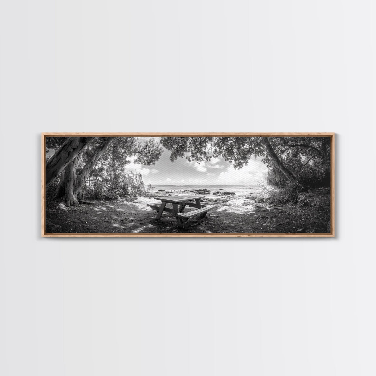 Secluded Picnic Spot, Ocean View, Tranquil Escape, Nature Sanctuary Art, Framed Canvas Print, Kitchen Wall Decor, Coastal Forest Vibe