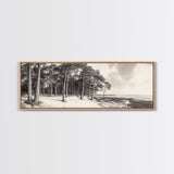 Pine Forest Coast, Tranquil Wilderness, Shoreline Trees, Earthy Coastal Scene, Framed Canvas Print, Rustic Wall Art, Autumn Cabin Decor