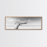 Desert Gun, Driftwood Grip, Coastal Surreal, Canvas Print, Minimalist Wall Art, Western Decor, Modern Living Room Art, Black and White Photo