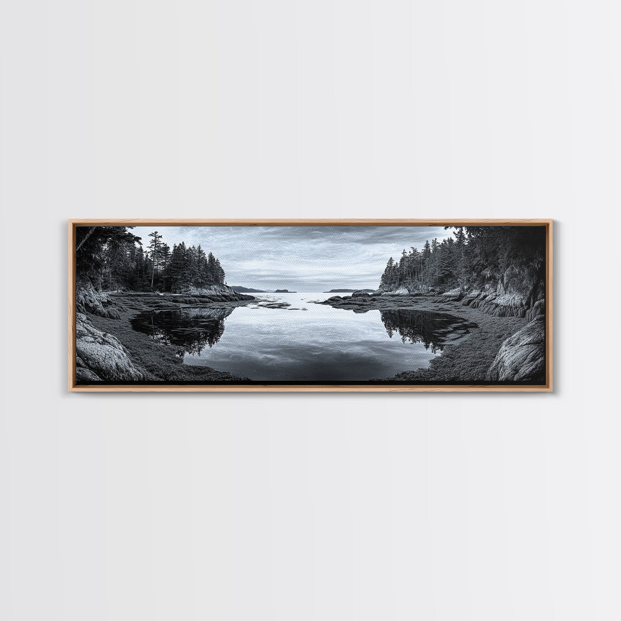 Forest Inlet, Calm Waters, Rocky Shore, Framed Canvas Print, Pacific Northwest Wall Art, Neutral Decor, Nature Photography, Rustic Vibes
