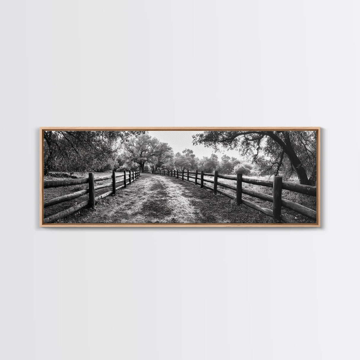 Tree Tunnel, Country Path, Fence Shadows, Framed Canvas Print, Black and White Nature Art, Rustic Wall Art, Autumn Entryway Decor