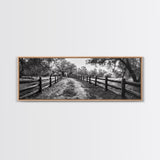 Tree Tunnel, Country Path, Fence Shadows, Framed Canvas Print, Black and White Nature Art, Rustic Wall Art, Autumn Entryway Decor
