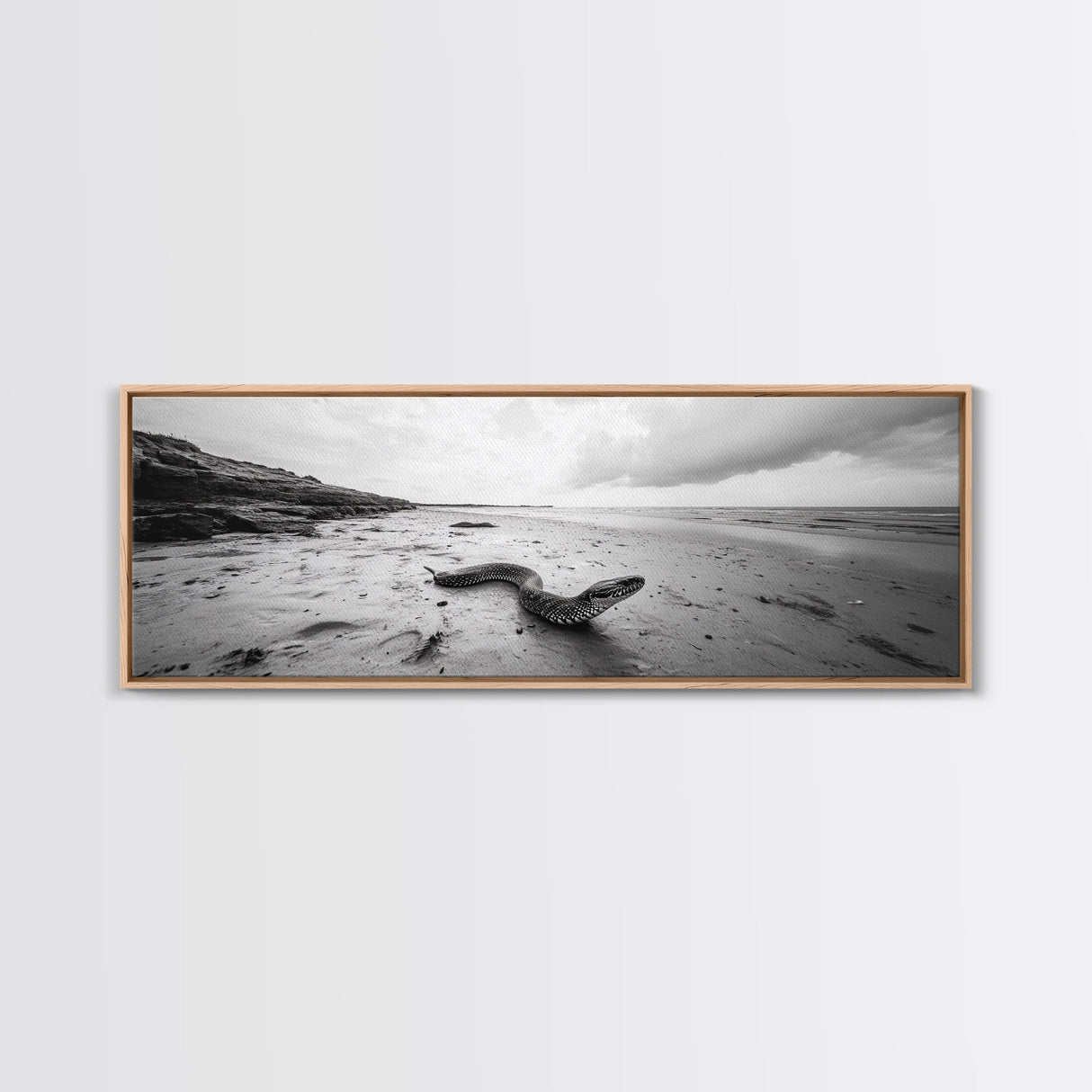 Snake On Beach, Coastal Wildlife, Dramatic Black and White, Framed Canvas Print, Nature Wall Art, Minimalist Decor, Office Statement Art