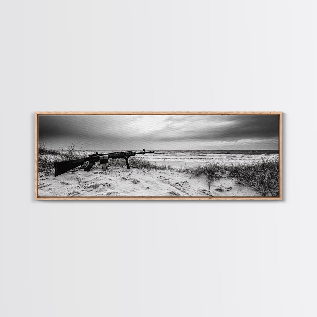 Rifle Seaside Scene, Tactical Still Life, Stormy Beach Mood, Canvas Print, Industrial Wall Art, Dramatic Photography, Masculine Decor