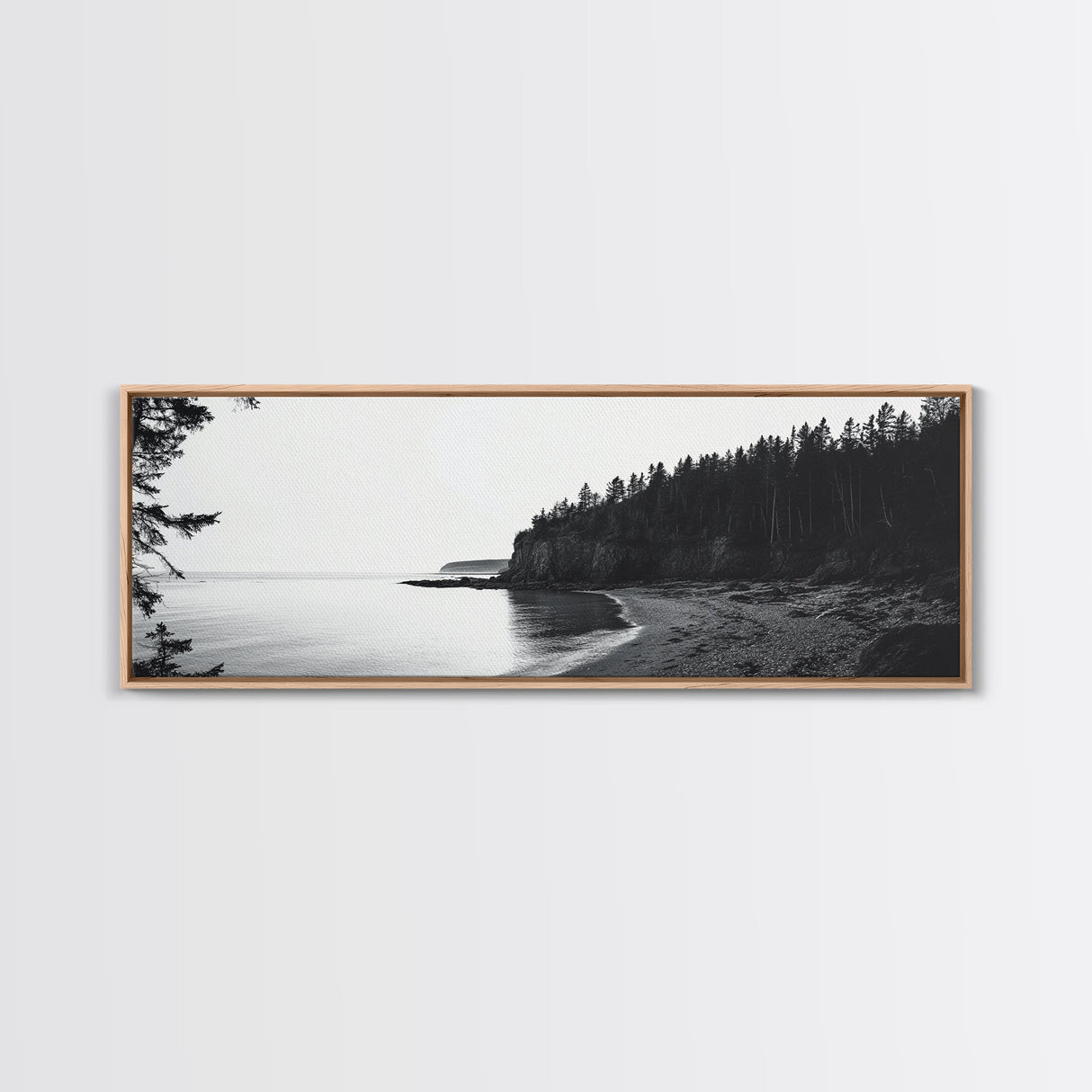 Forest Cliffs, Quiet Bay, Monochrome Coast, Canvas Print, Nature Photography, Modern Rustic Wall Art, Entryway or Office Decor