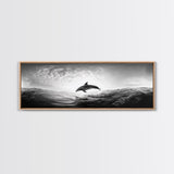 Ocean Dolphin Jump, Seascape Art, Black White Photography, Coastal Wall Decor, Canvas Print, Minimalist Bathroom Wall Art, Nautical Style