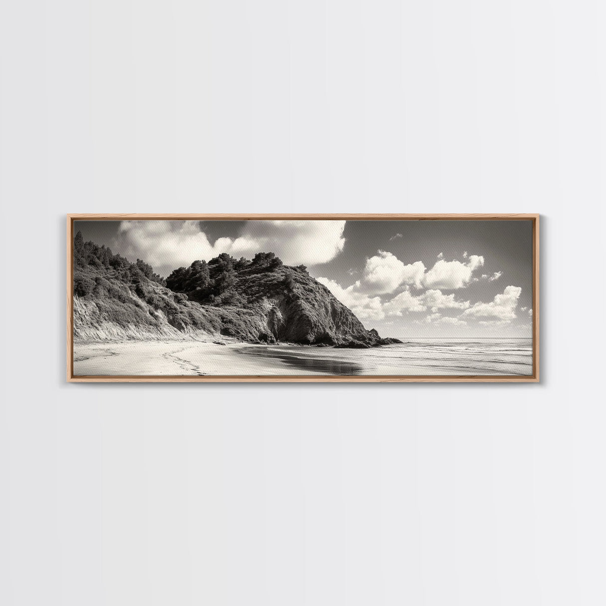 Seaside Cliff, Pine Hills, Sandy Beach, Canvas Print, Coastal Landscape Art, Modern Nature Decor, Beach House Living Room Style