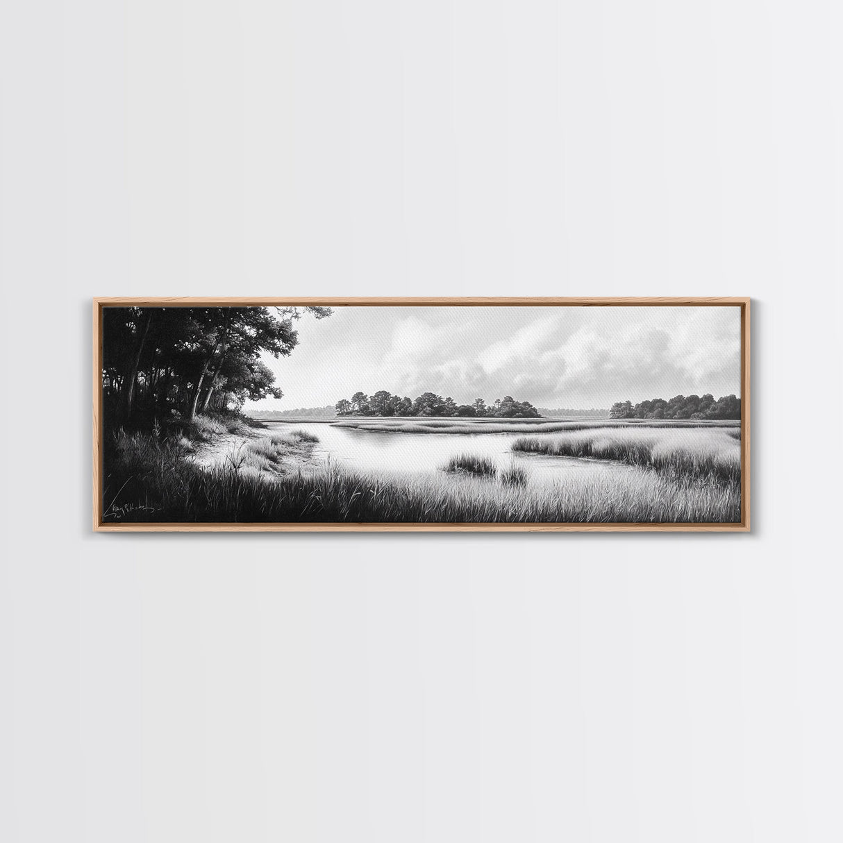 Marsh Scene, Grassy Shore, Tree Lined Path, Canvas Print, Nature Landscape Art, Rustic Cabin Decor, Peaceful Living Room Style