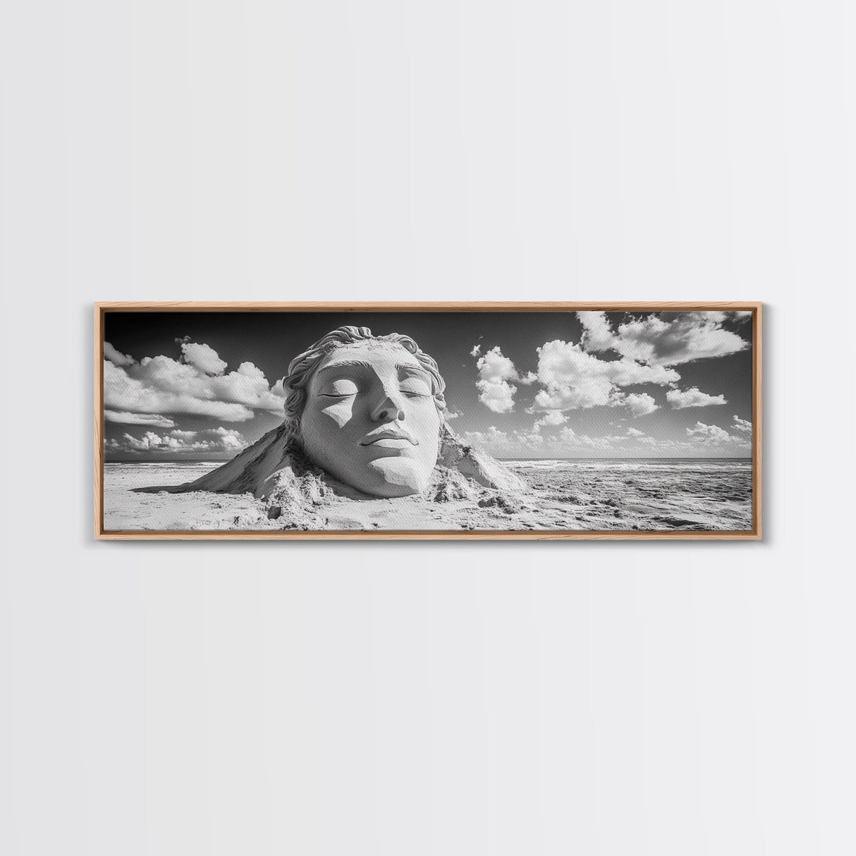 Sand Sculpture Head, Beach Goddess, Coastal Calm, Surreal Beauty, Framed Canvas Print, Modern Wall Art, Living Room Decor, Minimalist Art