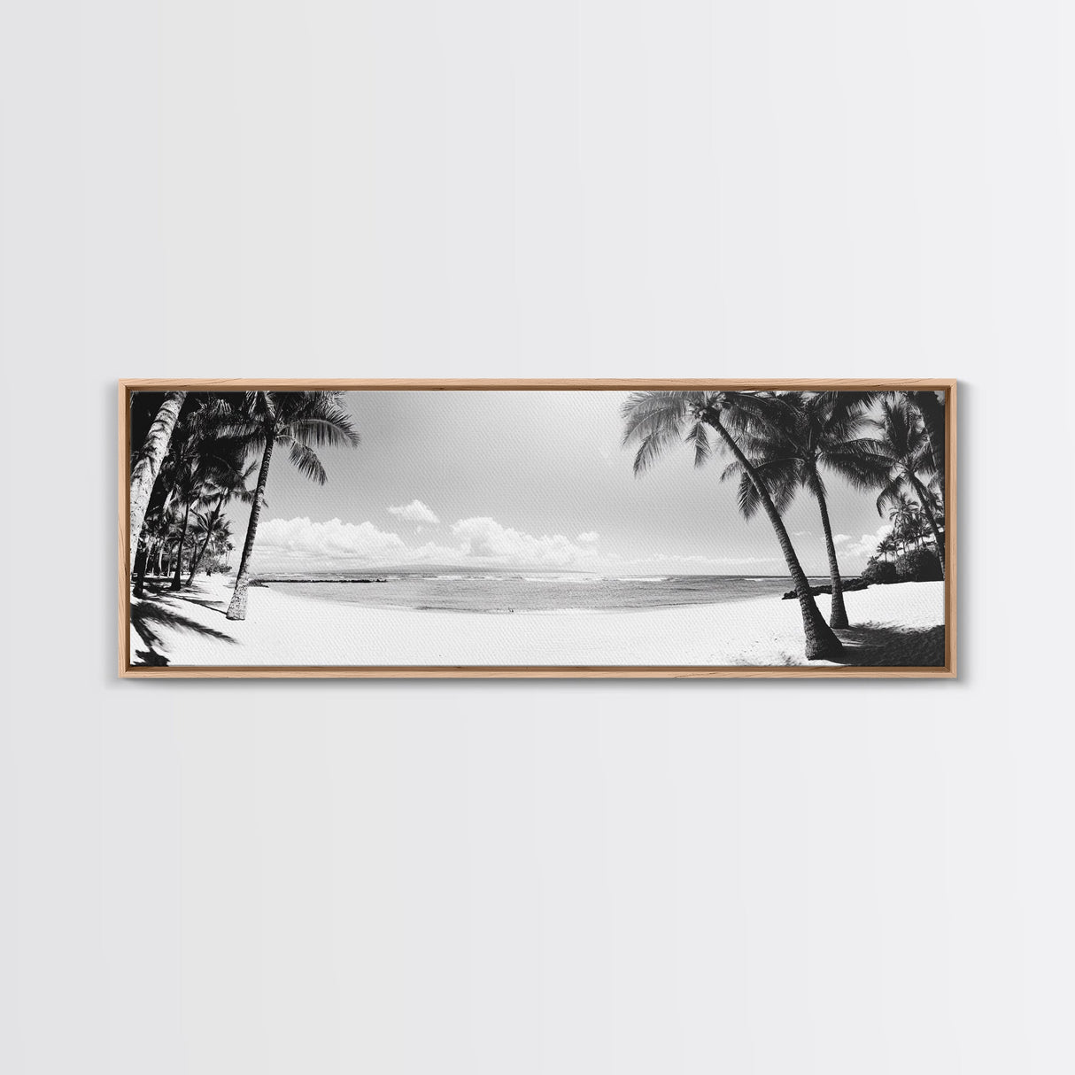 Tropical Beach Scene, Palm Tree Horizon, Ocean Serenity, Island Life, Framed Canvas Print, Coastal Wall Art, Living Room Decor, Minimalist Vibe