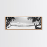 Tropical Beach Scene, Palm Tree Horizon, Ocean Serenity, Island Life, Framed Canvas Print, Coastal Wall Art, Living Room Decor, Minimalist Vibe