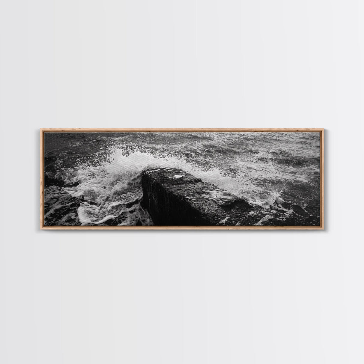 Crashing Waves Rock, Coastal Seascape, Ocean Photography, Black White Art, Framed Canvas Print, Nautical Bathroom Wall Decor