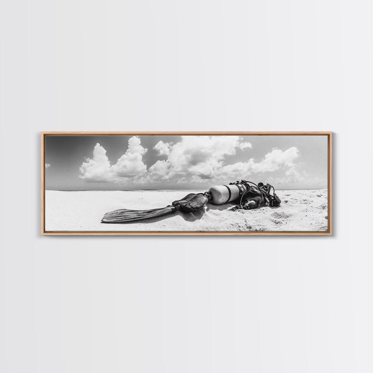 Scuba Gear, Deserted Beach, Ocean Explorer, Framed Canvas Print, minimalist beach decor, scuba diver gift, ocean wall art, travel lover art