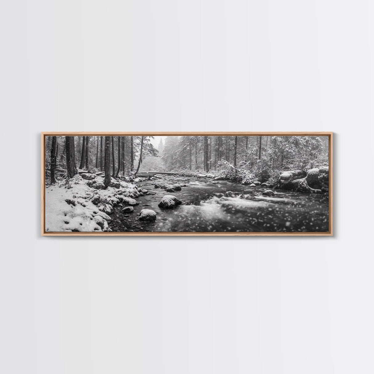 River Stream, Snow Forest, Winter Tranquility, Canvas Print, cozy cabin art, hygge home decor, Christmas wall art, woodland minimalist art