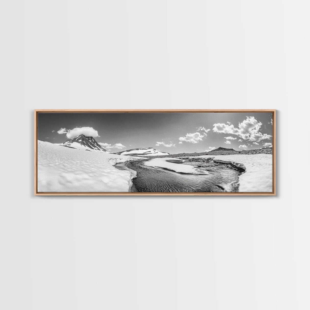 Arctic Stream, Mountain Snow, Clear Sky, Framed Canvas Print, Scandinavian decor, nature wall art, winter bedroom print, cool color tones