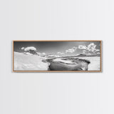 Arctic Stream, Mountain Snow, Clear Sky, Framed Canvas Print, Scandinavian decor, nature wall art, winter bedroom print, cool color tones