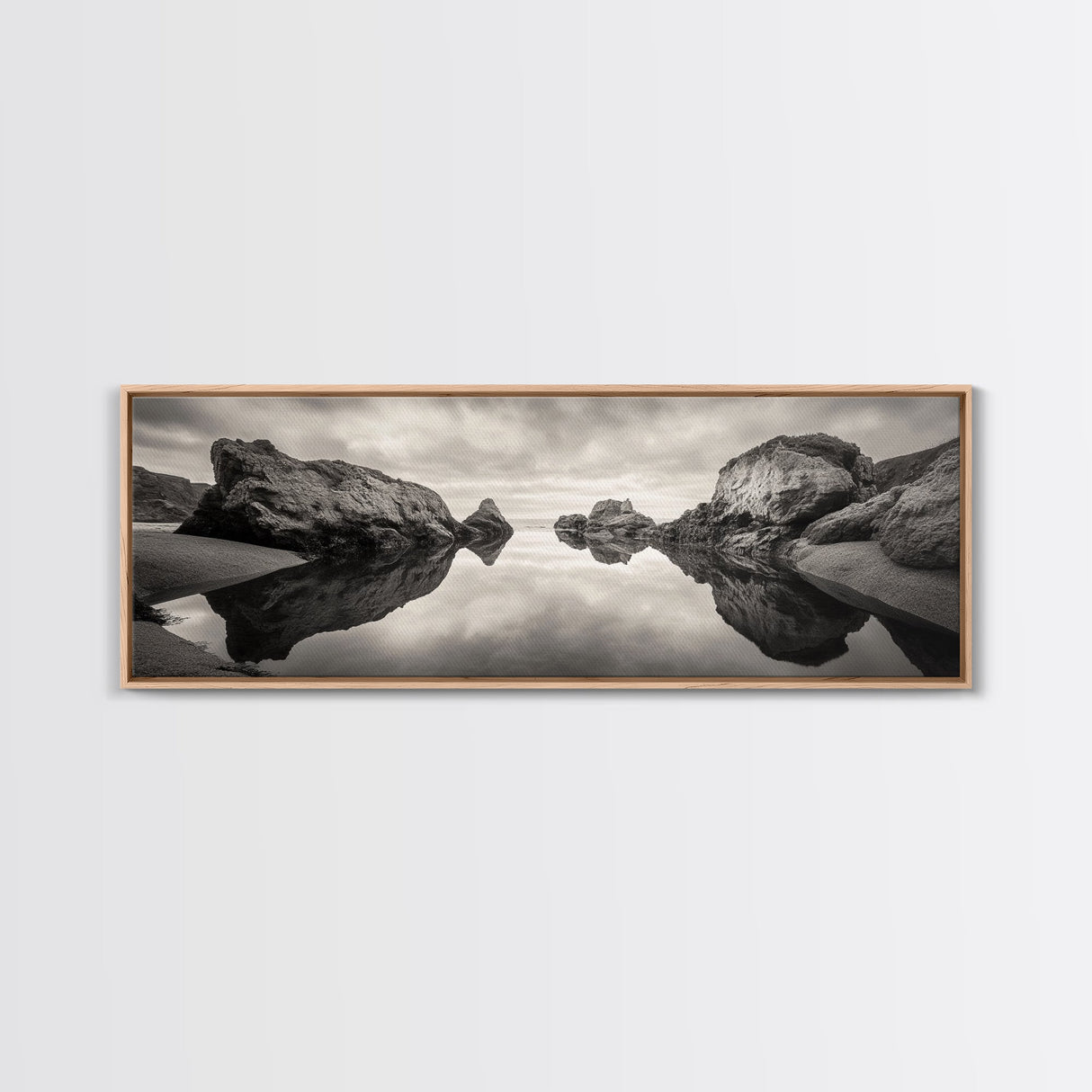 Rock Reflection, Coastal Tranquility, Nature Mirror, Framed Canvas Print, black and white coastal art, zen bathroom decor, moody ocean wall art