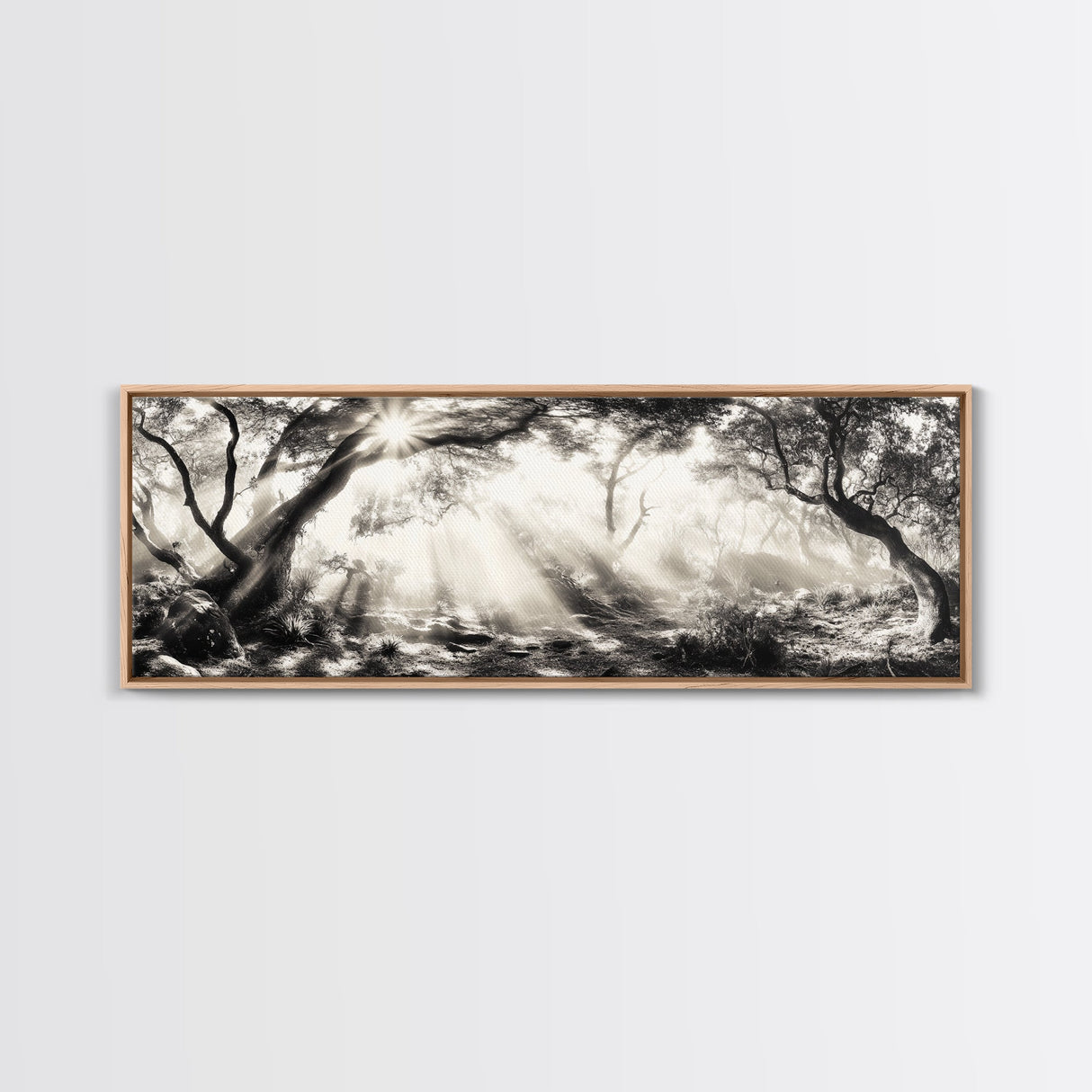 Enchanted Forest, Sunlight Rays, Dreamy Woodland, Framed Canvas Print, boho nature decor, spiritual wall art, bedroom forest scene