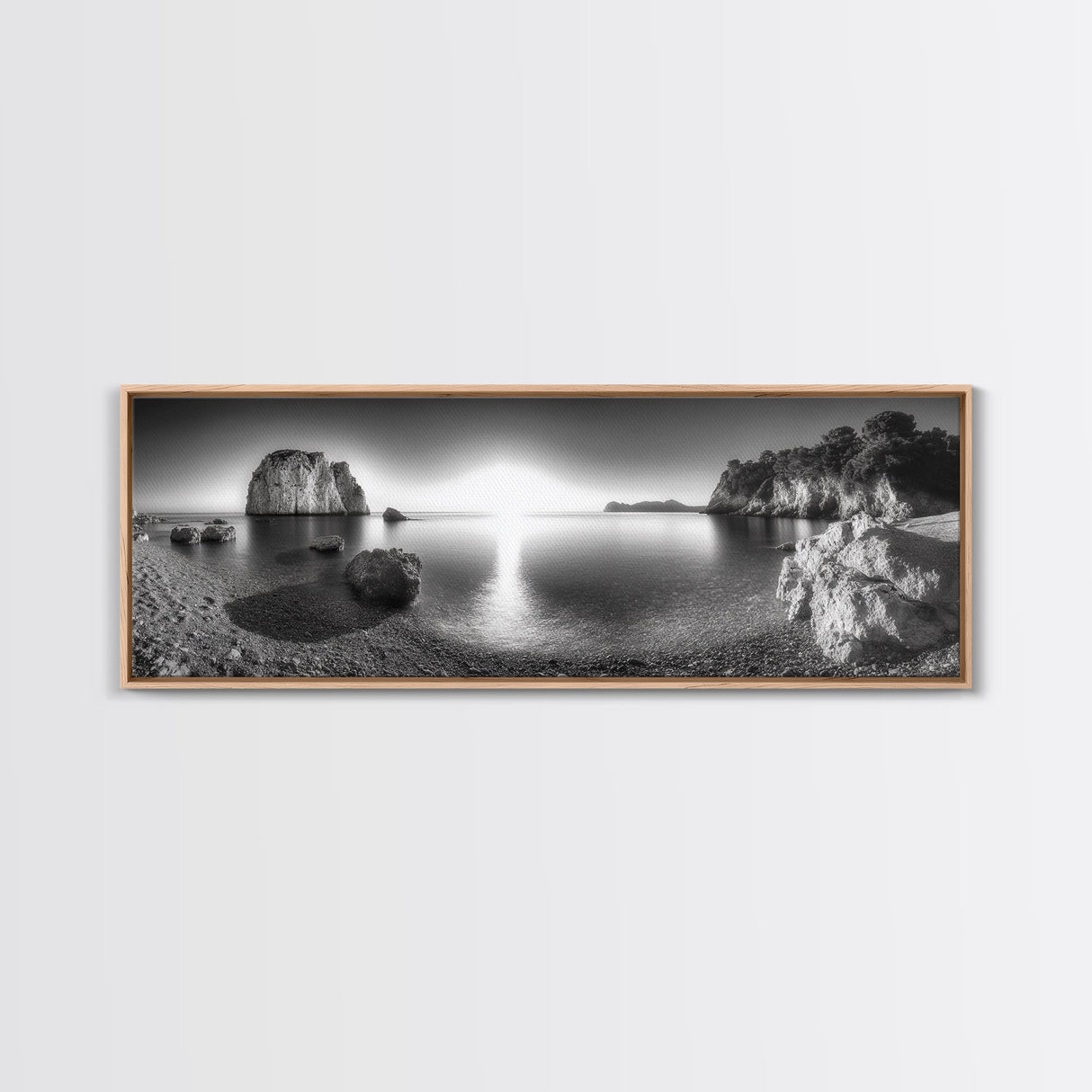 Seaside Sunrise, Rocky Beach Calm, Coastal Light, Canvas Print, peaceful ocean decor, minimalist sunrise wall art, zen meditation space