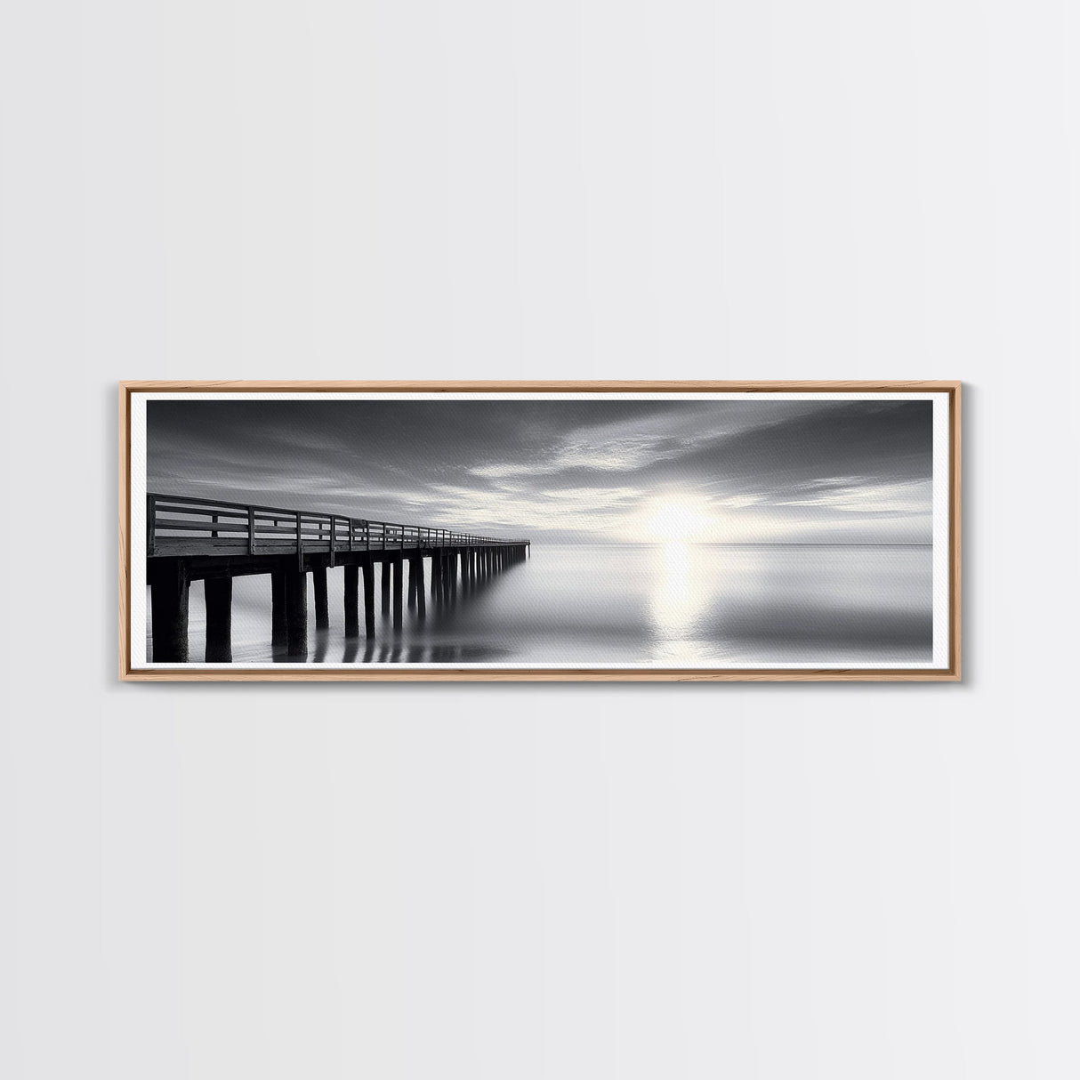 Ocean Pier, Tranquil Horizon, Serene Seascape, Framed Canvas Print, black and white beach wall art, bedroom coastal minimalism