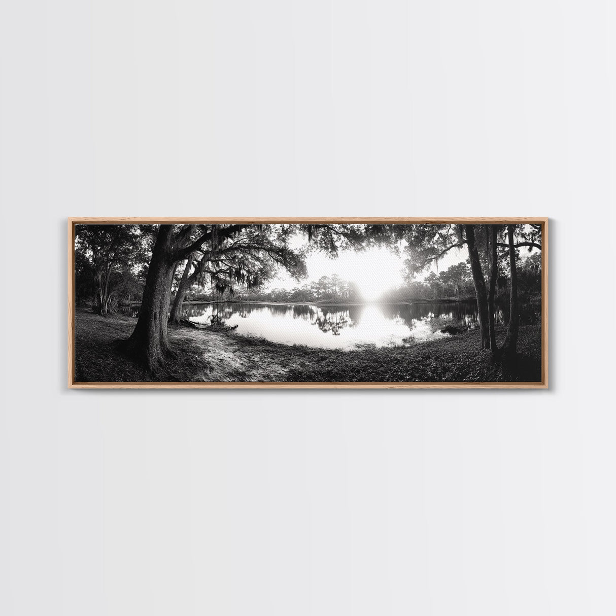 River Sunset, Mossy Trees, Tranquil Reflection, Framed Canvas Print, southern forest wall art, peaceful living room decor, rustic boho vibe