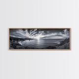 Cloudy Horizon, Wide Ocean View, Coastal Cliffs, Framed Canvas Print, dramatic seascape wall art, coastal kitchen decor, black and white
