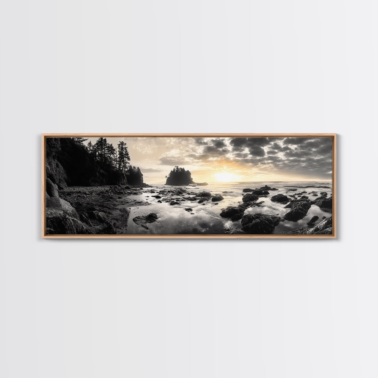 Sunset Shoreline, Moody Rocks, Forested Coast, Framed Canvas Print, nature lover gift, fall coastal art, rustic bathroom wall decor