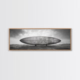 Surfboard Alone, Beach Sand, Cloudy Sky, Framed Canvas Print, minimalist surf art, coastal man cave decor, surf lover gift idea