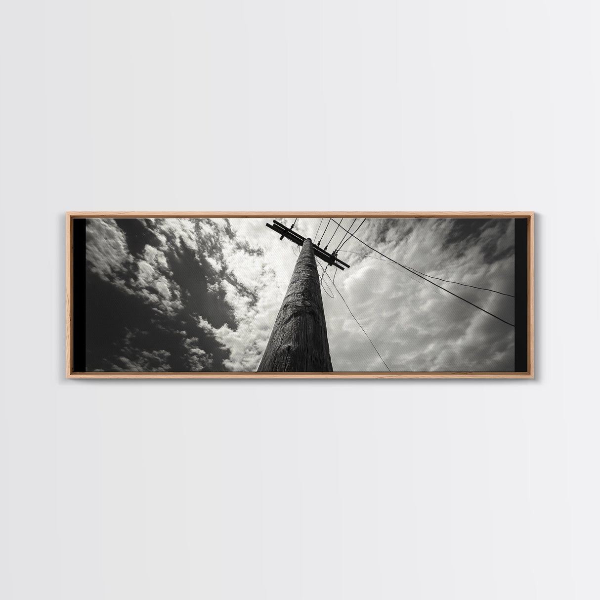 Utility Pole Sky, Urban Minimalism, Power Lines, Framed Canvas Print, Industrial Wall Art, Office Decor, Monochrome Photography