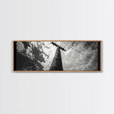 Utility Pole Sky, Urban Minimalism, Power Lines, Framed Canvas Print, Industrial Wall Art, Office Decor, Monochrome Photography