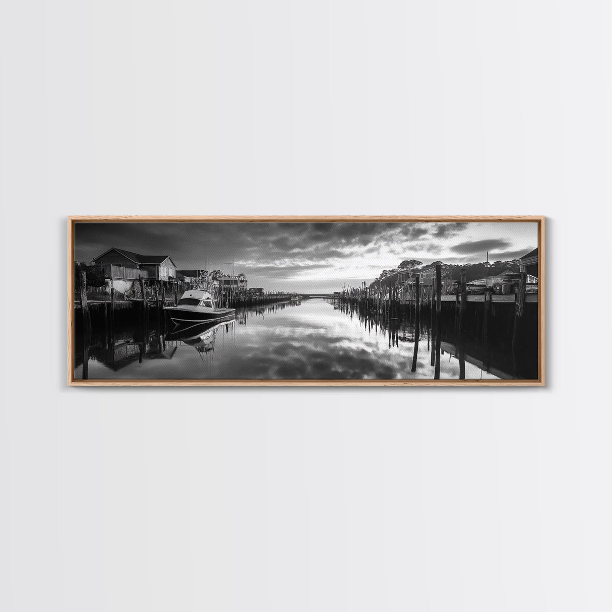 Fishing Dock, Quiet Marina, Waterside Village, Canvas Print, Nautical Wall Art, Lake House Decor, Black and White Photography