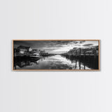 Fishing Dock, Quiet Marina, Waterside Village, Canvas Print, Nautical Wall Art, Lake House Decor, Black and White Photography