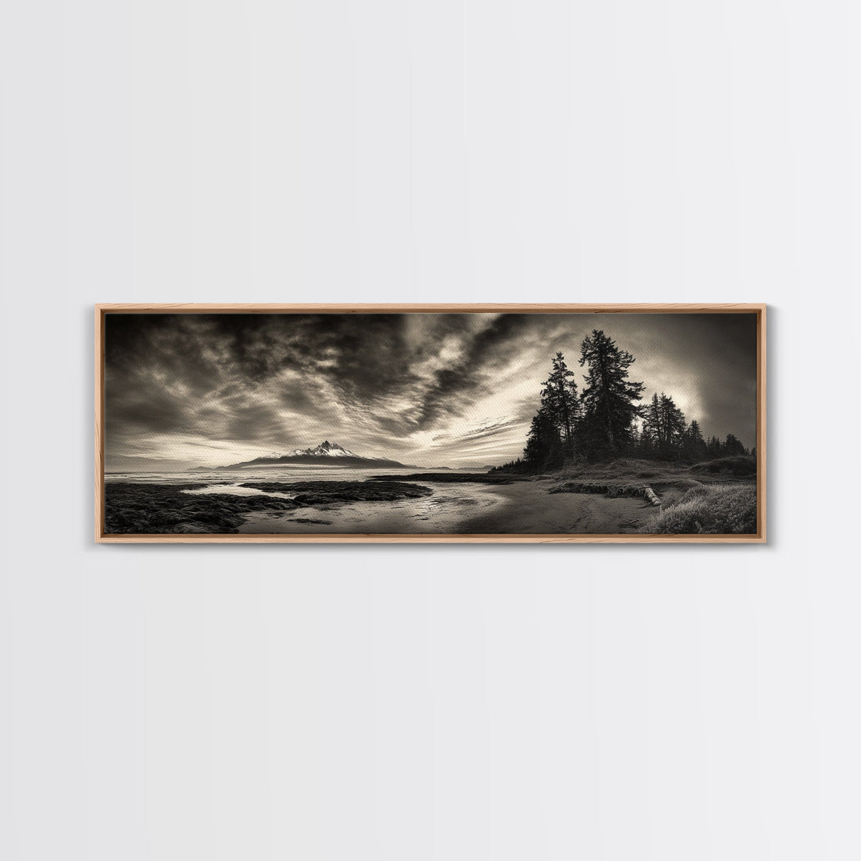 Mountain Shoreline, Stormy Sky, Forest Edge, Canvas Print, Wilderness Landscape Art, Cabin Decor, Moody Nature Photography
