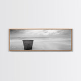 Seaside Metal Pail, Coastal Minimalism, Black White Art, Modern Bathroom Art, Framed Canvas Print, Tranquil Ocean Wall Decor