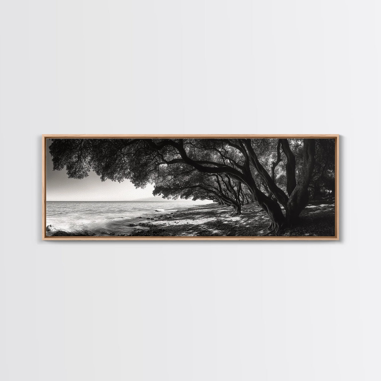 Ocean Trees, Shoreline Light, Majestic Forest, Beach Scene, Framed Canvas Print, Boho Wall Decor, Bedroom Art, Zen Coastal Artwork