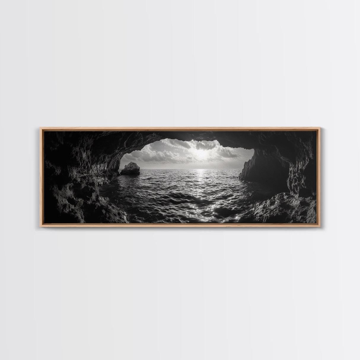 Ocean Cave, Horizon View, Seascape Tunnel, Sunset Waters, Framed Canvas Print, Coastal Bathroom Art, Nature Lover Gift, Minimal Decor