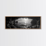 Ocean Cave, Horizon View, Seascape Tunnel, Sunset Waters, Framed Canvas Print, Coastal Bathroom Art, Nature Lover Gift, Minimal Decor