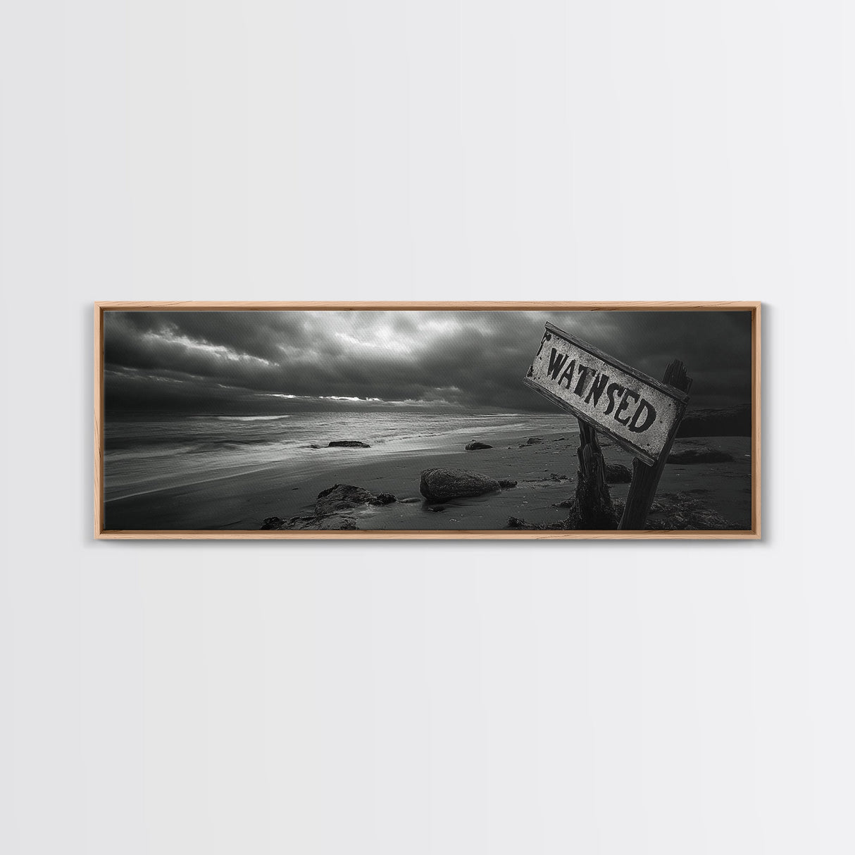 Stormy Beach, Weathered Sign, Moody Ocean, Black and White Photography, Framed Canvas Print, Coastal Gothic Wall Art, Autumn Decor
