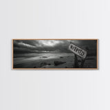 Stormy Beach, Weathered Sign, Moody Ocean, Black and White Photography, Framed Canvas Print, Coastal Gothic Wall Art, Autumn Decor