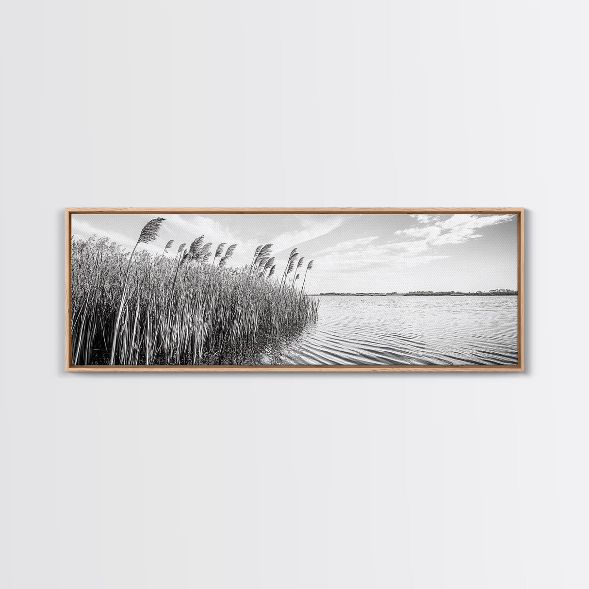 Windy Reeds, Lakeside Breeze, Natural Grass Art, Monochrome Landscape, Canvas Print, Boho Living Room Decor, Botanical Minimalist Wall Art