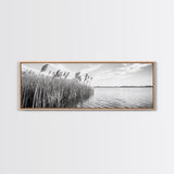 Windy Reeds, Lakeside Breeze, Natural Grass Art, Monochrome Landscape, Canvas Print, Boho Living Room Decor, Botanical Minimalist Wall Art