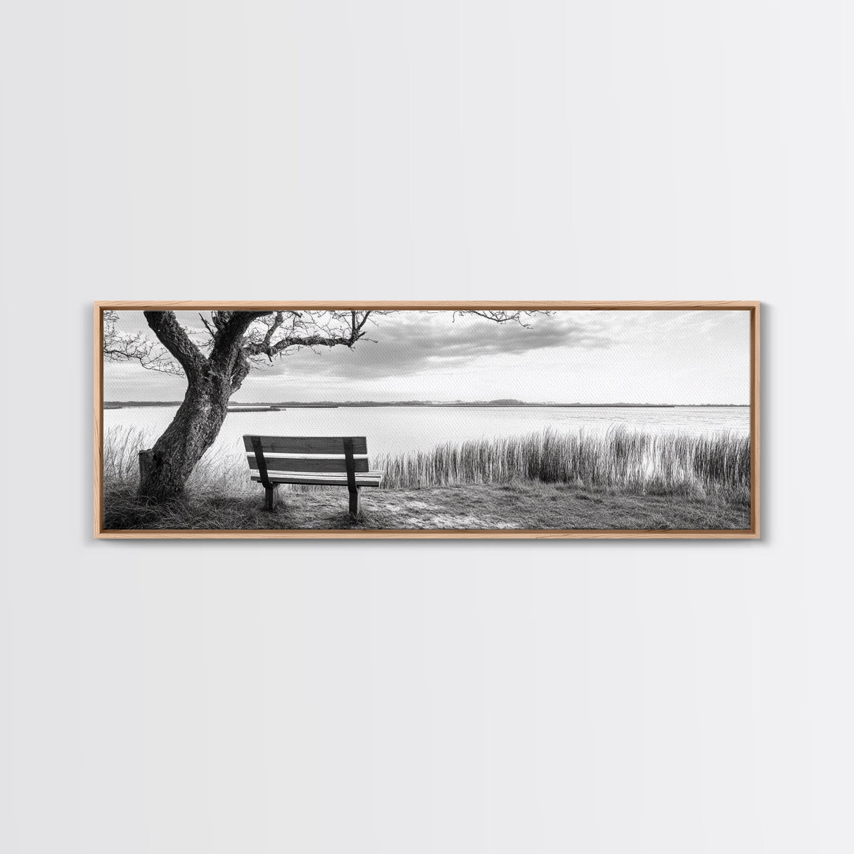 Quiet Lake Bench, Peaceful Reflection, Nature Photography, Framed Canvas Print, Serene Bedroom Decor, Minimalist Living Room Wall Art