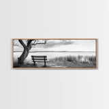 Quiet Lake Bench, Peaceful Reflection, Nature Photography, Framed Canvas Print, Serene Bedroom Decor, Minimalist Living Room Wall Art