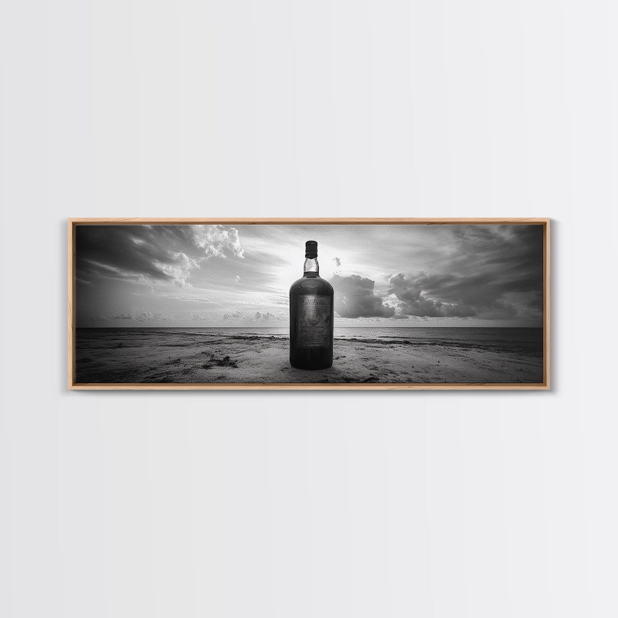 Whiskey on Beach, Bottle Seascape, Moody Coastal Still Life, Canvas Print, Masculine Bar Wall Art, Rustic Living Room Accent Piece