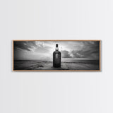 Whiskey on Beach, Bottle Seascape, Moody Coastal Still Life, Canvas Print, Masculine Bar Wall Art, Rustic Living Room Accent Piece